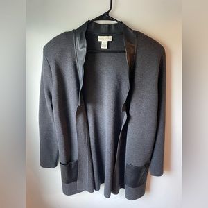 Doncaster 100% Wool Leather Trimmed Charcoal and Black Cardigan Sweater Size 1W